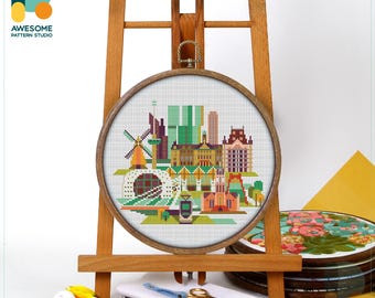 Rotterdam, Netherlands, Europe Cross Stitch Pattern and Kit - Modern Needlework Art and Embroidery Sampler, CS950