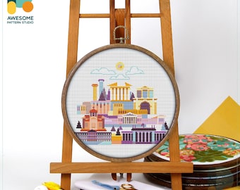 Athens, Greece, Europe Cross Stitch Pattern and Kit: Modern Embroidery Sampler, Needlework Art, CS658