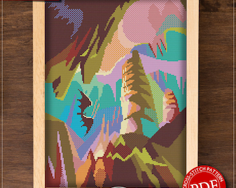 May include: Counted cross stitch pattern for Carlsbad Caverns National Park. The pattern features a colorful abstract design of mountains and trees. The pattern is 150 x 200 stitches and uses 16 colors of DMC thread.