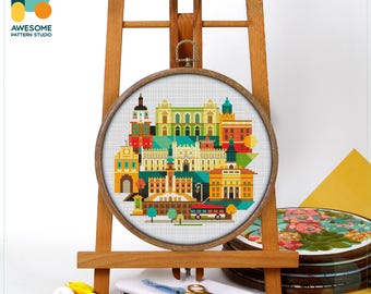 Lublin, Poland, Europe Cross Stitch Kit and Pattern - Modern Cross Stitch Needlework Art Embroidery Sampler, CS1552