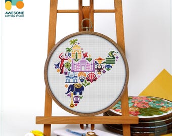 India Icons Cross Stitch Pattern and Kit - Modern Hoop Art and Embroidery Sampler for Unique Needlework Art, CS846