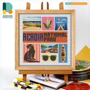 May include: A framed cross-stitch art piece on a wooden easel. The artwork features colorful panels depicting scenes from Acadia National Park, including a landscape, a plant, a campsite, a sea otter, sunglasses, a kayak, and the park's name.