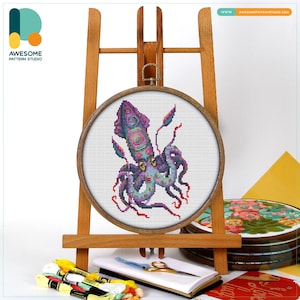 Squid Cross Stitch Pattern and Kit - Modern Needlework Art for Creative Embroidery Samplers, CS1291