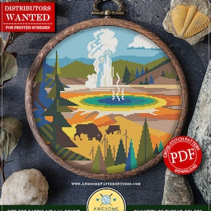 May include: Counted cross stitch pattern for instant download of Yellowstone National Park Square. The pattern features a geyser erupting, a lake, trees, and bison. The pattern is 150 x 150 stitches and requires 18 colors of DMC thread.