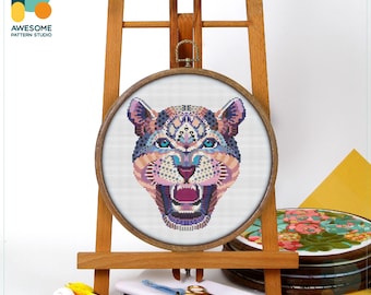 Mandala Leopard Cross Stitch Pattern and Kit - Modern Embroidery Sampler for Unique Needlework Art, CS274