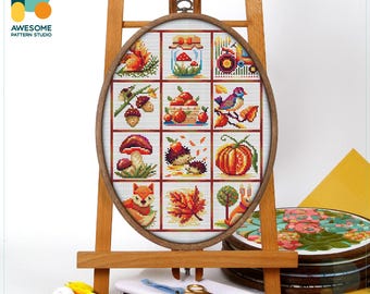 Autumn Harvest Delight Cross Stitch Kit and Pattern - Modern Cross Stitch and Embroidery Sampler for Cozy Needlework Art, CS1364