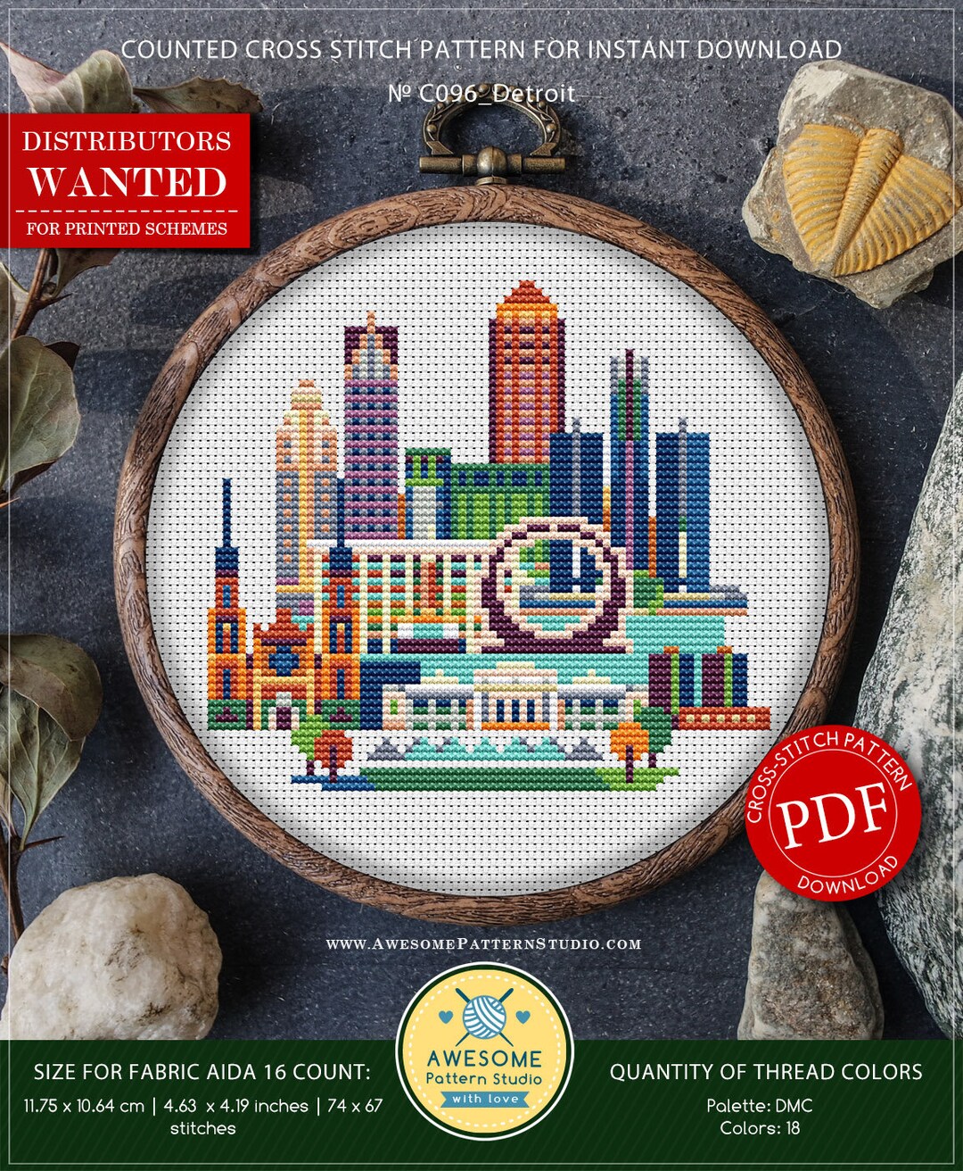 Detroit #P096 Cross Stitch Embroidery Pattern Download | Stitching ...