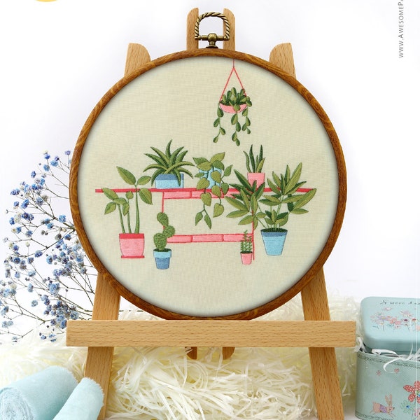 House Plants EM202, Embroidery Pattern KIT and PDF  | Simple Needlepoint | How To | Needlepoint Kit | Stamped Needlepoint