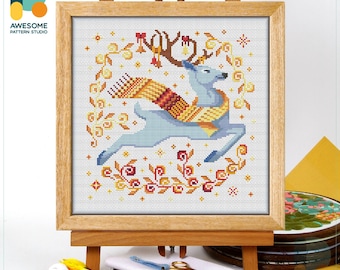 Festive Reindeer Cross Stitch Pattern and Kit: Modern Cross Stitch Needlework Art for Holiday Cheer, CS1278