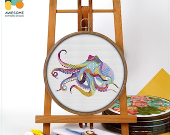 Mandala Octopus Cross Stitch Pattern and Kit: Modern Needlework Art for Unique Hoop Embroidery, CS295