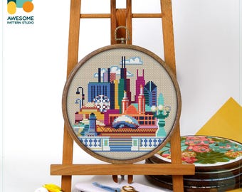 Chicago, USA, America: Cross Stitch Pattern and Kit - Modern Needlework Art and Embroidery Sampler for Creative DIY Decor, CS077
