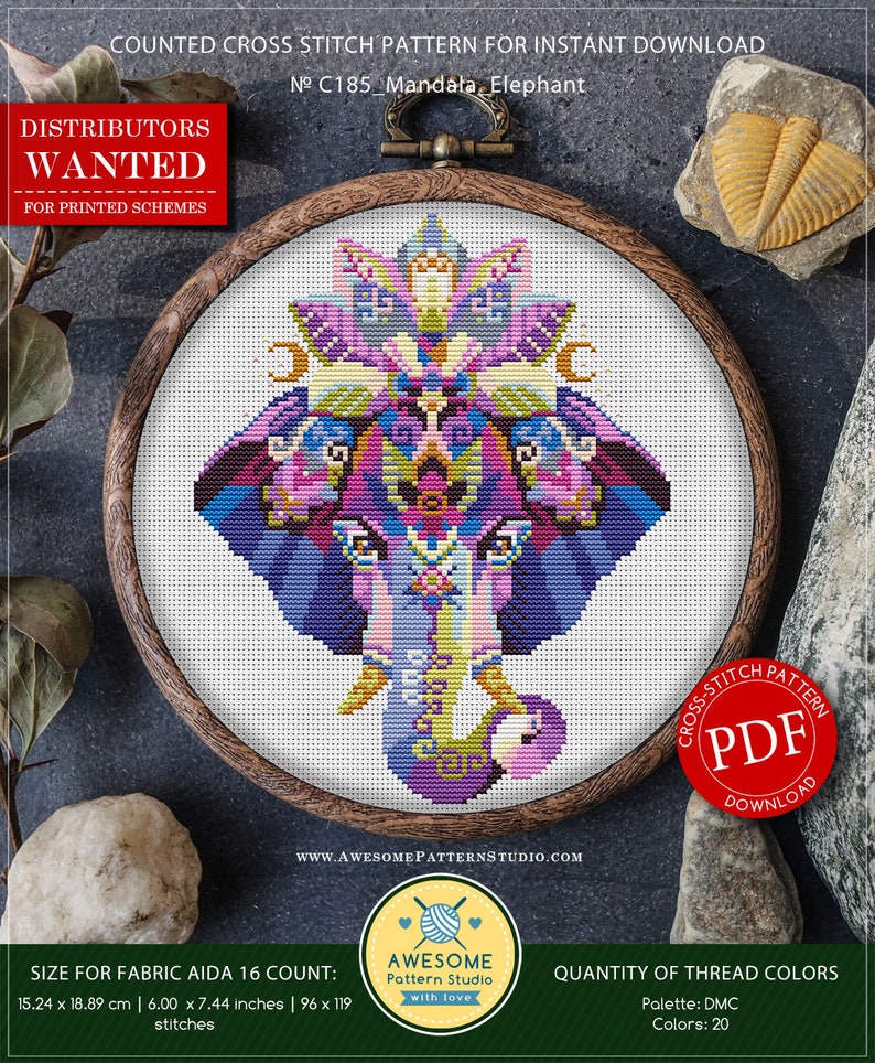 Mandala Elephant P185 Cross Stitch Embroidery PDF Pattern Download Cross Stitch Kits Embroidery Kits Embroidery Designs image 1