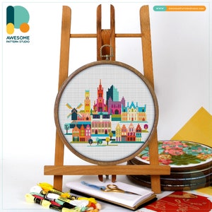 Bruges, Belgium, Europe Cross Stitch Pattern and Kit - Modern Needlework Art and Embroidery Sampler for Craft Enthusiasts, CS1011