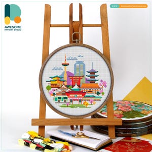 Kyoto, Japan, Asia Cross Stitch Pattern and Kit: Modern Hoop Art, Embroidery Sampler for Needlework Enthusiasts, CS1180