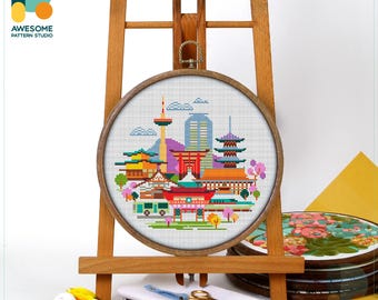 Kyoto, Japan, Asia Cross Stitch Pattern and Kit: Modern Hoop Art, Embroidery Sampler for Needlework Enthusiasts, CS1180