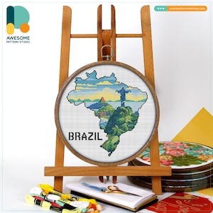 Rio de Janeiro Map, Brazil Cross Stitch Pattern and Kit - Modern Needlework Art with PDF Pattern and Hand Embroidery Essentials, CS2537