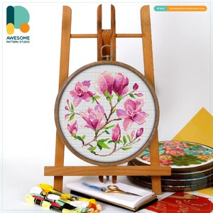 Magnolia Flowers CS971, Counted Cross Stitch Pattern KIT and PDF | Stitch Design | Needlepoint Kits | Cross Stitch Designs