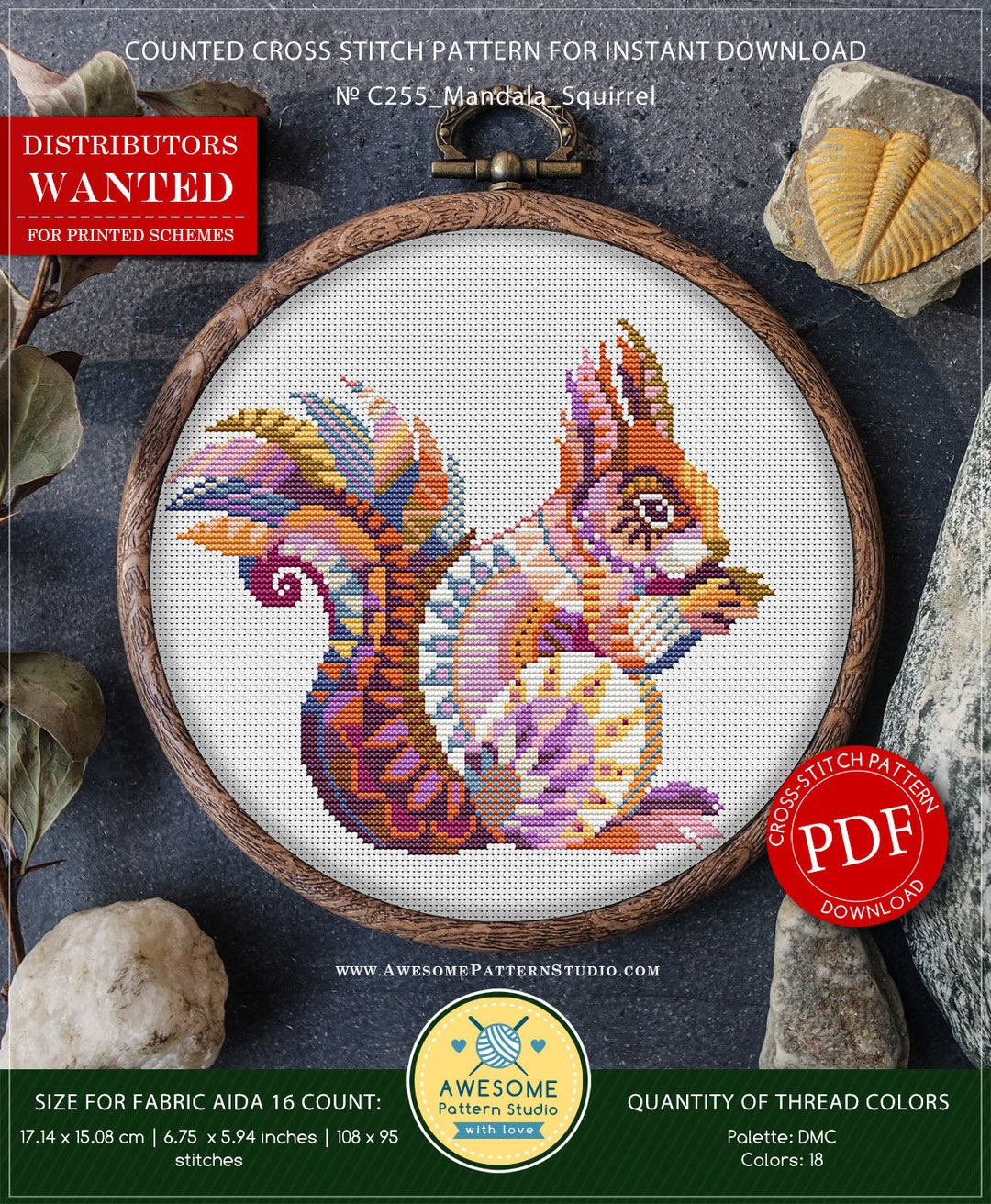 Mandala Squirrel P255 Embroidery Cross Stitch PDF Pattern Download