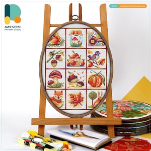 Autumn Harvest Delight Cross Stitch Kit and Pattern - Modern Cross Stitch and Embroidery Sampler for Cozy Needlework Art, CS1364