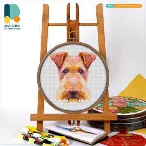 Mandala Wire Foxterrier Kreuzstichmuster und Stickpackung - Moderner Hoop Art Stickerei Sampler, CS2146
