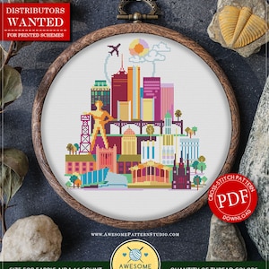 May include: Counted cross stitch pattern for instant download of a colorful cityscape with a sun and airplanes in the sky. The pattern is 140 x 149 stitches and uses 18 DMC colors. The pattern is available as a PDF download.