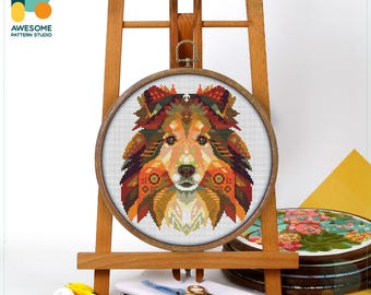 Shetland Sheepdog Cross Stitch Pattern and Kit - Modern Needlework Art for Dog Lovers, Includes PDF Pattern and Hoop Art, CS792