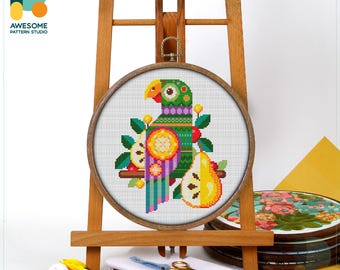 Colorful Parrot and Fruits Cross Stitch Pattern and Kit: Modern Needlework Art and Embroidery Sampler for Vibrant Home Decor, CS1595