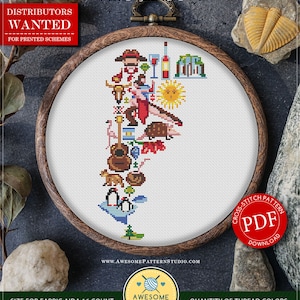 Op de afbeelding: Een geteld kruissteekpatroon om direct te downloaden van Argentinië in pictogrammen. Het patroon bevindt zich in een houten borduurring en bevat een verscheidenheid aan kleurrijke pictogrammen die Argentinië vertegenwoordigen, waaronder een gaucho, een tangodanseres, een mate-kalebas, een voetbal en een pinguïn. Het patroon is 71 steken breed en 129 steken hoog en gebruikt 20 kleuren DMC-garen.