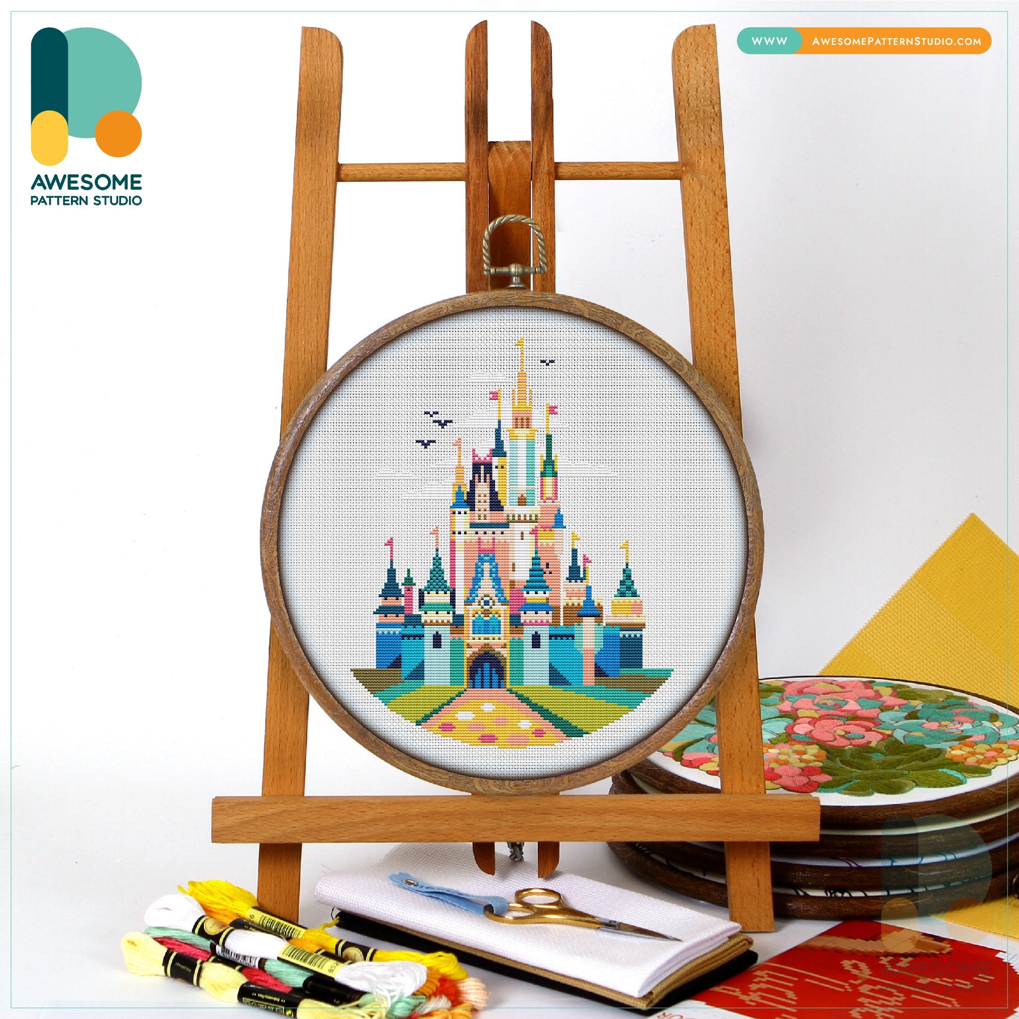 Cinderella Castle Kreuzstich-Set - Inkl. Stoff, Garne, Nadeln & Muster Für 120x120 Stiche