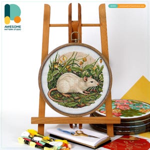 White Rat in Garden Cross Stitch Pattern & Kit: Modern Cross Stitch Needlework Art for Hoop Art Enthusiasts, CS3238