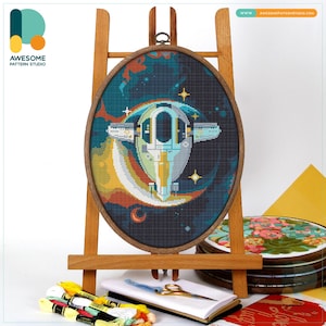Kit e gráfico de ponto cruz "Nave Espacial em Cena Cósmica", ponto cruz moderno e arte em bastidor para entusiastas de bordado, CS1671