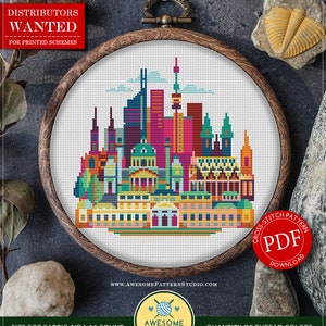 May include: Counted cross stitch pattern for instant download of a colorful cityscape of Vienna, Austria. The pattern is 94 stitches wide by 93 stitches high and uses 18 DMC colors. The pattern is available as a PDF download.