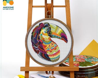 Mandala Toucan Cross Stitch Pattern and Kit - Modern Cross Stitch Needlework Art, CS272