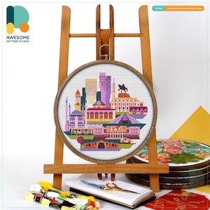 Tirana, Albania, Europe Cross Stitch Kit and Pattern - Modern Needlework Art and Embroidery Sampler, CS1406