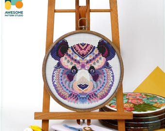 Mandala Panda Cross Stitch Pattern and Kit - Modern Needlework Art with PDF Pattern and Hoop Art Elegance, CS201