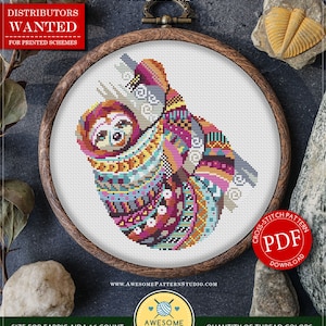 May include: Counted cross stitch pattern for instant download of a colorful mandala sloth design. The pattern is 102 x 110 stitches and uses 19 DMC colors.