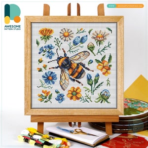 Bumblebee Among Flowers CS2605, Counted Cross Stitch Pattern KIT and PDF | Embroidery Pdf Pattern Download | Cross Stitch Kits