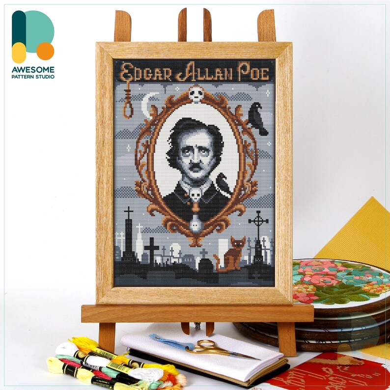 Edgar Allan Poe Portrait Cross Stitch Pattern and Kit - Modern Needlework Art Embroidery Sampler, CS1983 CS1983-2(120 x 162)