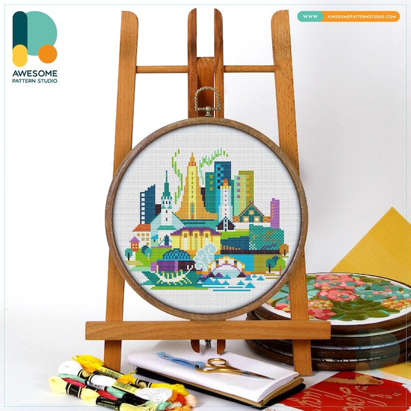 Reykjavik, Iceland, Europe Cross Stitch Pattern and Kit - Modern Embroidery Sampler, Hand Embroidery Needlework Art, CS1019