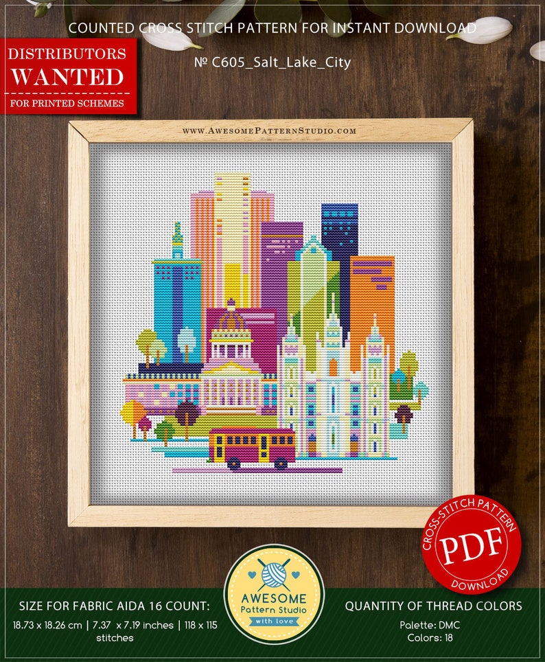 Salt Lake City P605 Cross Stitch Embroidery Pattern Download Etsy