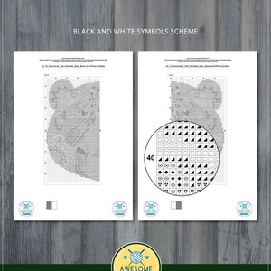 Puede incluir: Un patr&oacute;n de punto de cruz de mandala oso en blanco y negro con una clave de s&iacute;mbolos. El patr&oacute;n es para un dise&ntilde;o redondo de 40 puntos. El texto "C&oacute;mo se ve el archivo PDF" y "C&oacute;mo se ve" est&aacute; incluido en la imagen.