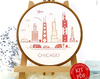 Chicago, Illinois, USA Embroidery Kit and Pattern: Modern Embroidery Art for Adult Crafts, Perfect Gift for Her