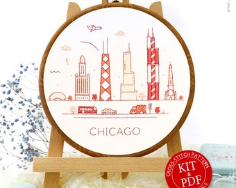 Chicago United States Embroidery EM146, Embroidery Pattern KIT and PDF | State Embroidery Art | Skyline Embroidery | State Embroidery Art