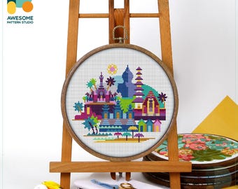 Denpasar, Indonesia, Asia Cross Stitch Pattern and Kit - Modern Embroidery Sampler for Needlework Art Lovers, CS672