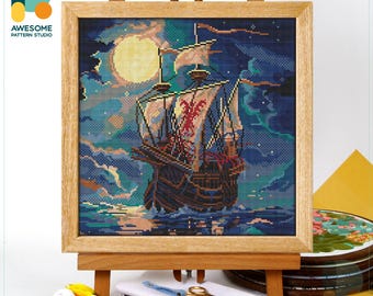 Durmstrang Ship Cross Stitch Pattern and Kit: Modern Needlework Art with PDF Pattern for Simple Embroidery Sampler, CS2507