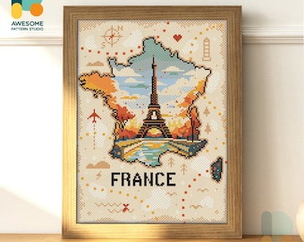 France, Eiffel Towe, Paris, Map Diamond Painting Kit : Modern 5d Diamond Painting Art PDF  for Mosaic Kit Enthusiasts, DS2541