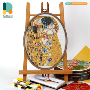 The Kiss By Gustav Klimt Cross Stitch Pattern and Kit: Modern Needlework Art for Embroidery Lovers, PDF Pattern Included, CS2198