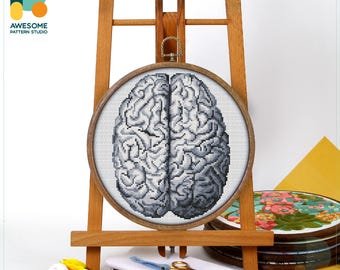 Human Brain Anatomy Cross Stitch Pattern and Kit: Modern Needlework Art, Embroidery Sampler for Unique Hoop Art, CS2055