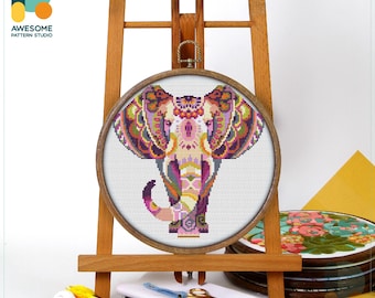 Mandala Elephant Cross Stitch Pattern and Kit: Modern Needlework Art and Embroidery Sampler, CS111