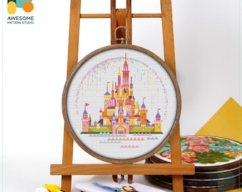 Disneyland Castle Cross Stitch Pattern and Kit: Modern Needlework Art, PDF and Hand Embroidery for Enchanting Hoop Art, CS2295